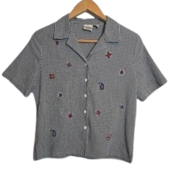 Vintage Allison Daley Gingham Embroidered Cotton Blend Collared Shirt Small - Picture 1 of 9